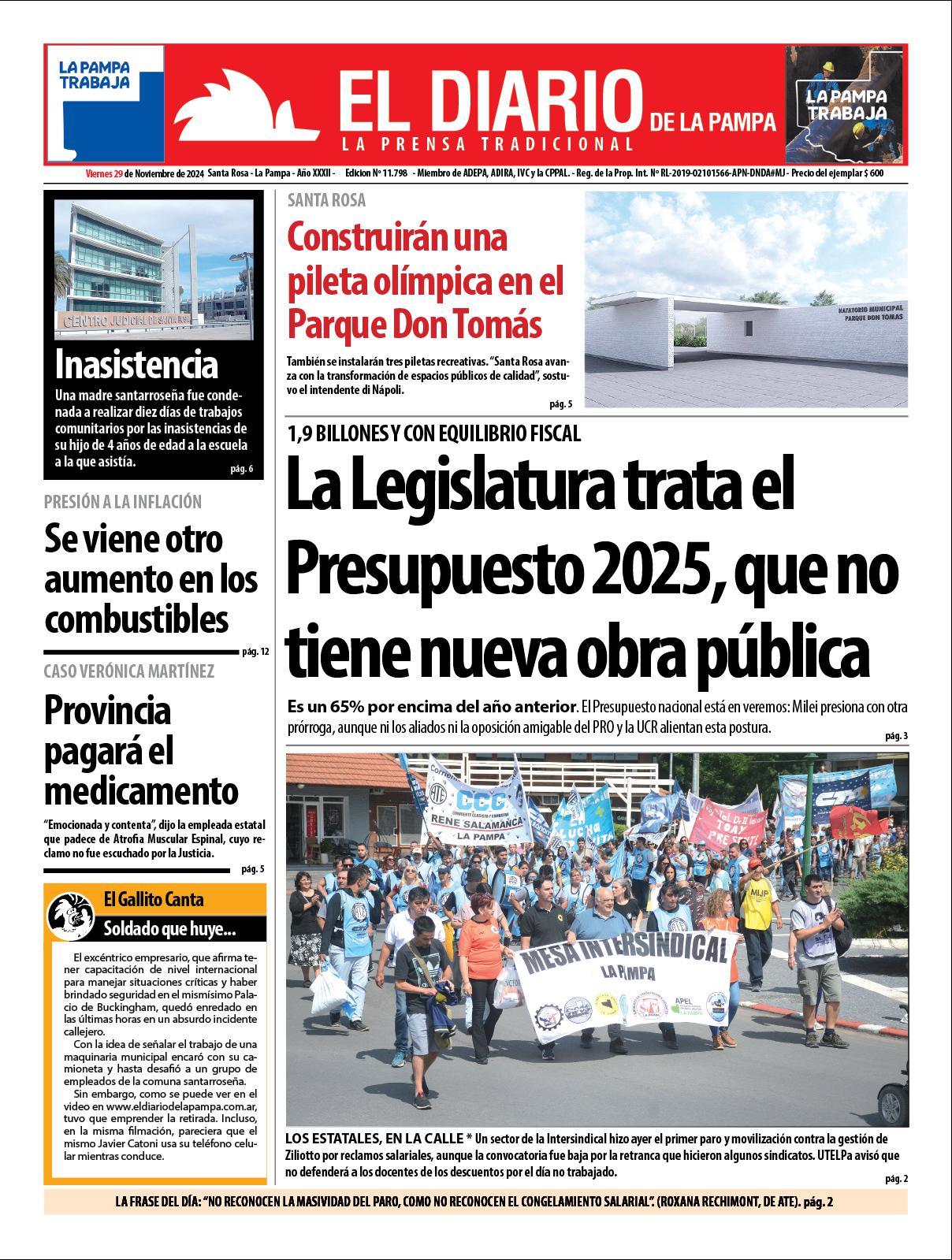 Tapa de El Diario en papel  viernes 29 de noviembre de 2024